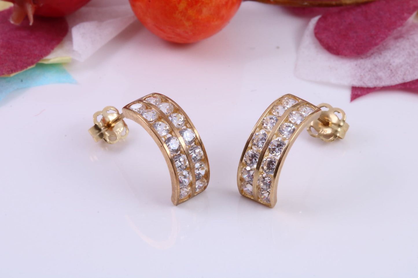 Half Hoops Cubic Zirconia set Stud Earrings Made from 9ct Yellow Gold, Diamond and Gold Look