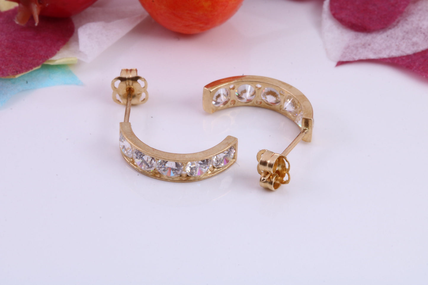 Half Hoops Cubic Zirconia set Stud Earrings Made from 9ct Yellow Gold, Diamond and Gold Look