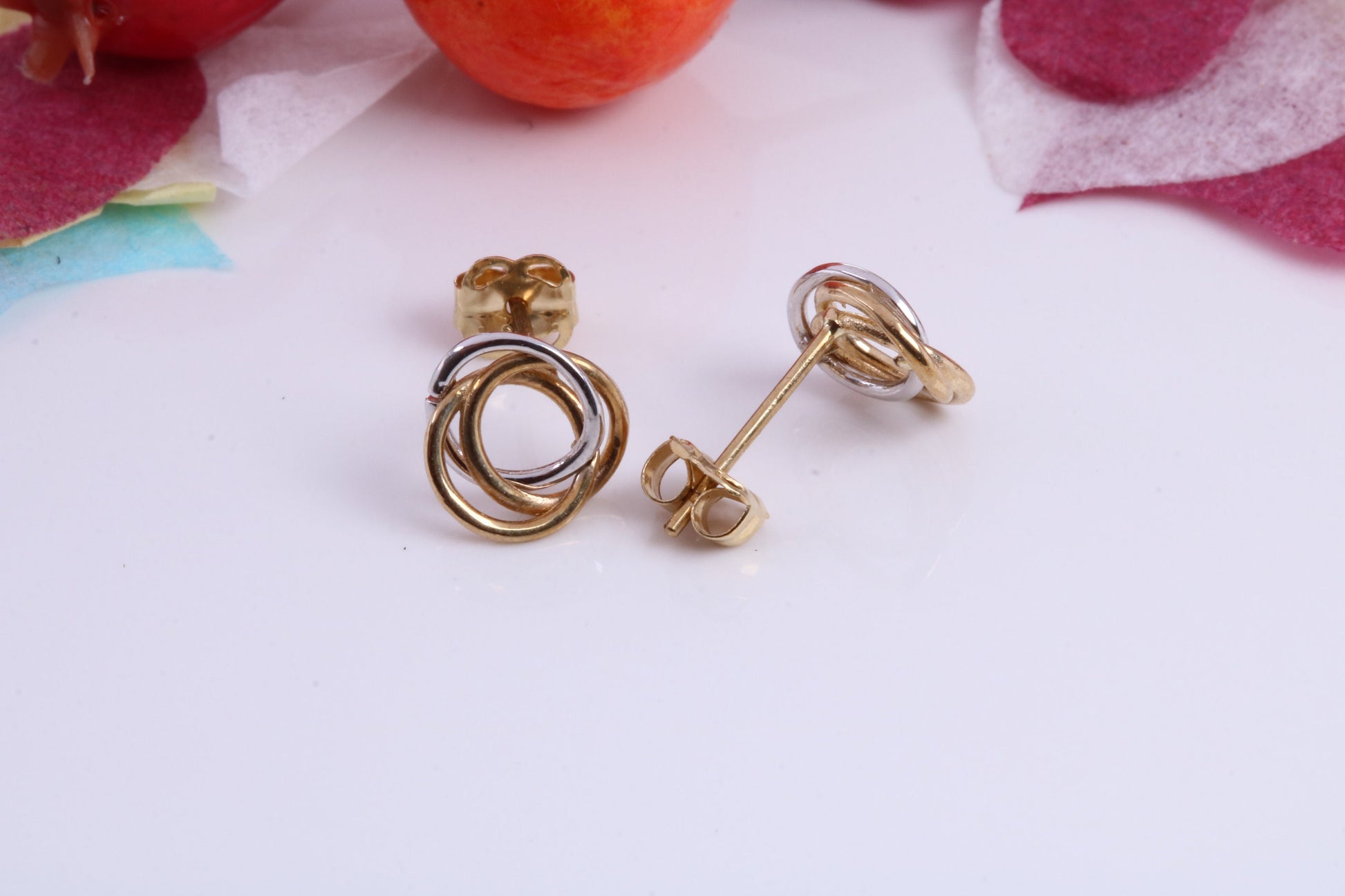 Three Tone Gold Stud Earrings Made from 9ct Yellow Gold