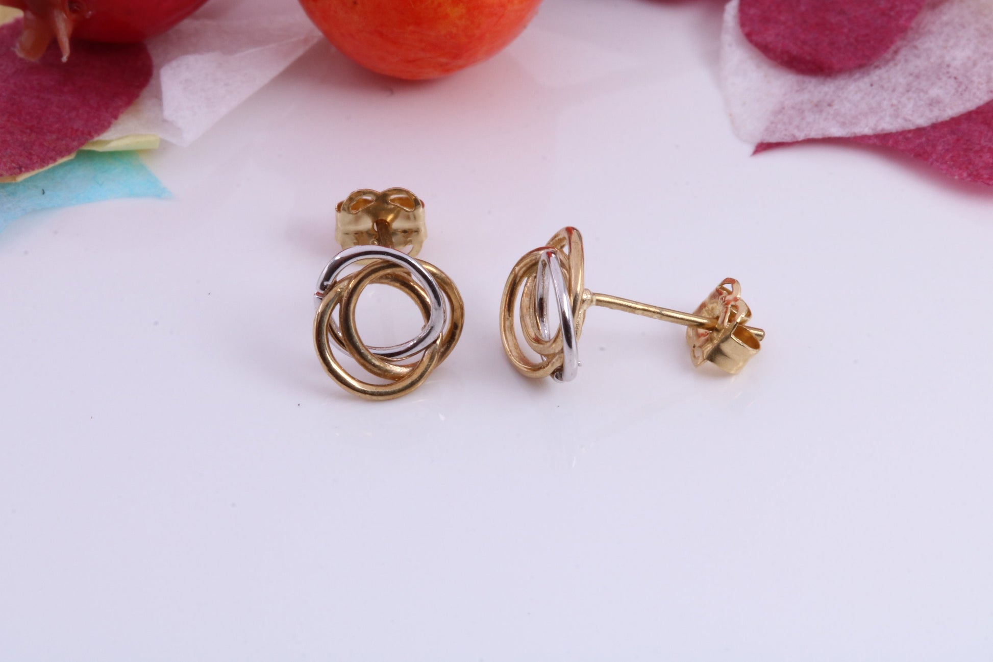 Three Tone Gold Stud Earrings Made from 9ct Yellow Gold