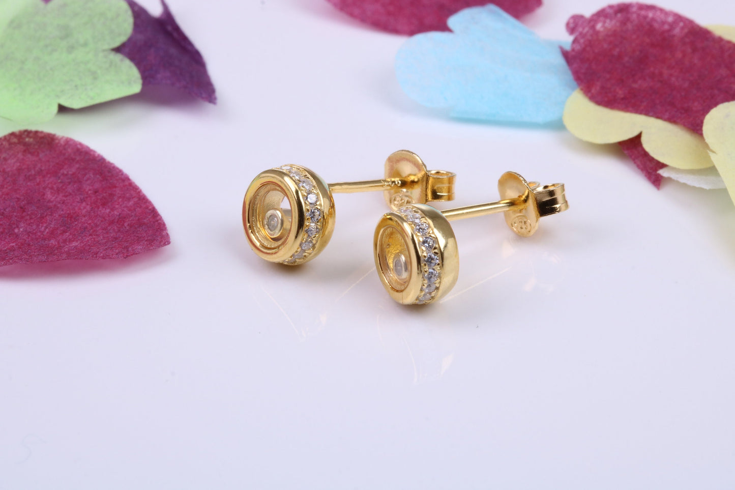 7 mm Round Cubic Zirconia set Earrings, Very Dressy, Made from Solid 925 Grade Sterling Silver, Yellow Gold Plated