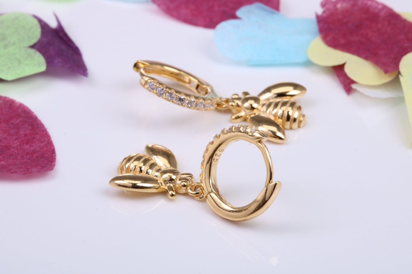 Bumble Bee Dropper Earrings, Cubic Zirconia set, Made from Solid 925 Grade Sterling Silver, Yellow Gold Plated