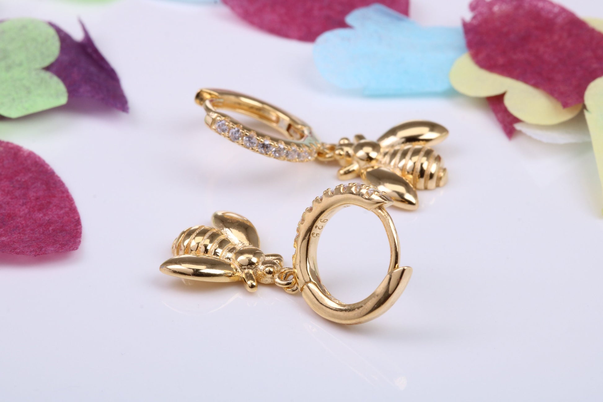Bumble Bee Dropper Earrings, Cubic Zirconia set, Made from Solid 925 Grade Sterling Silver, Yellow Gold Plated