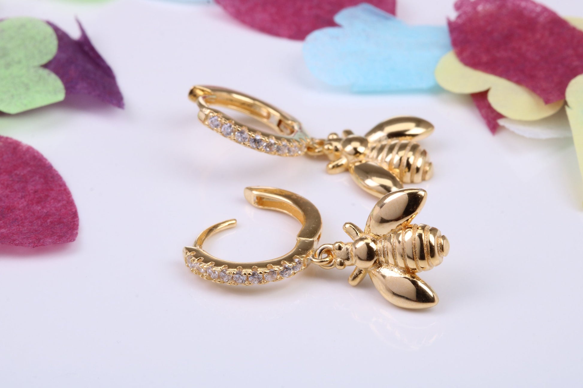 Bumble Bee Dropper Earrings, Cubic Zirconia set, Made from Solid 925 Grade Sterling Silver, Yellow Gold Plated