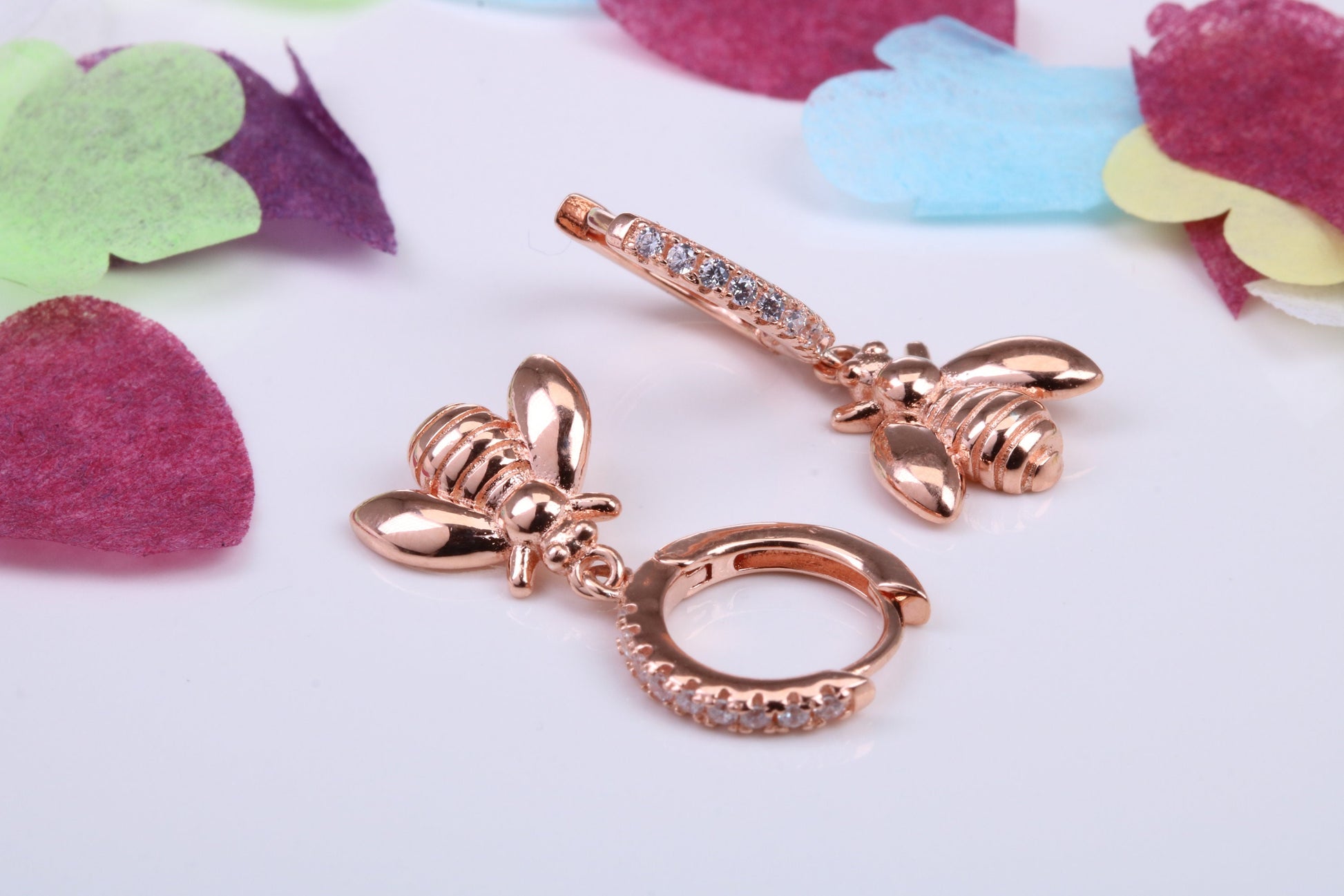 Bumble Bee Dropper Earrings, Cubic Zirconia set, Made from Solid 925 Grade Sterling Silver, Rose Gold Plated