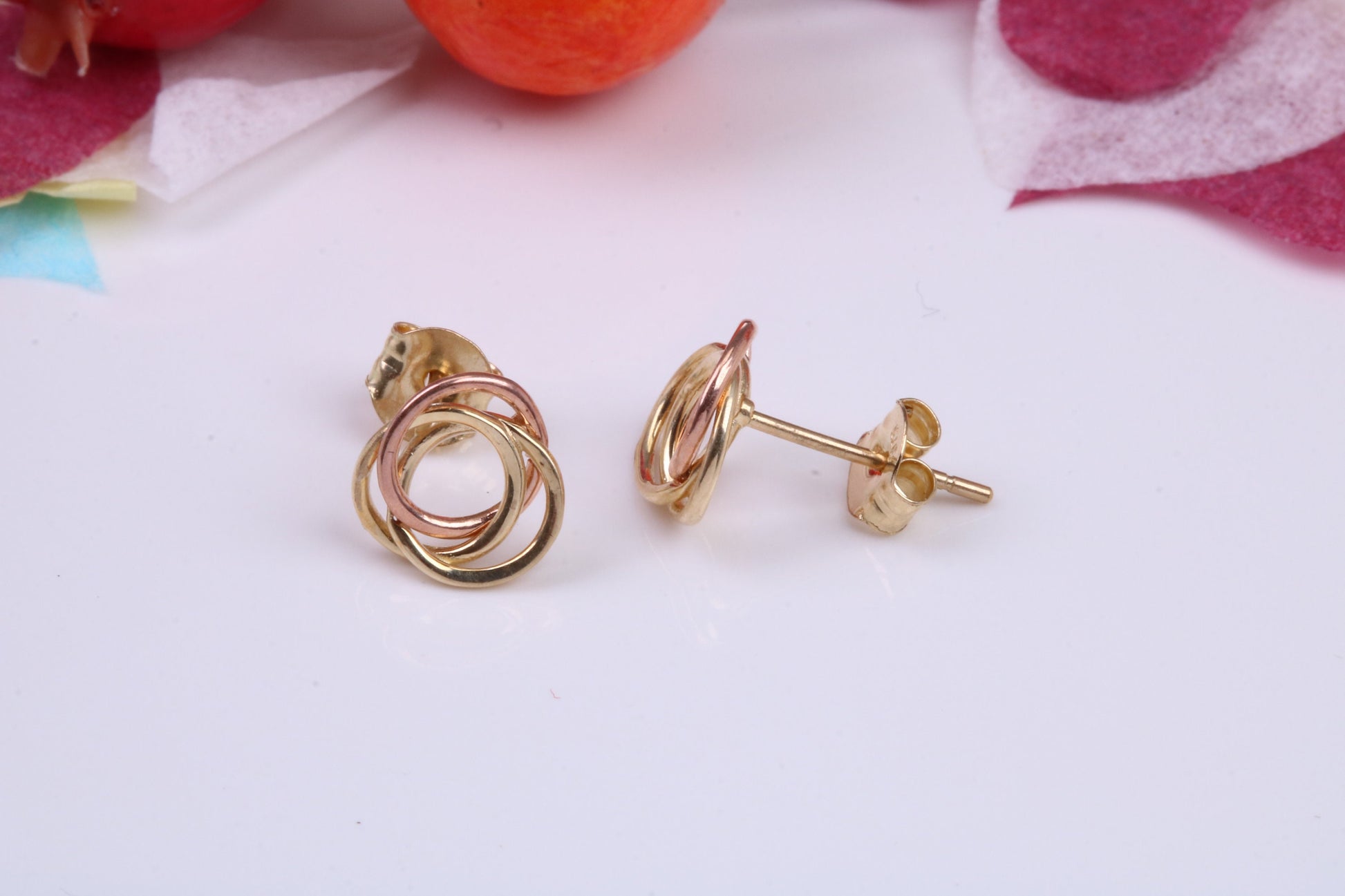 Three Tone Gold Stud Earrings Made from 9ct Yellow Gold