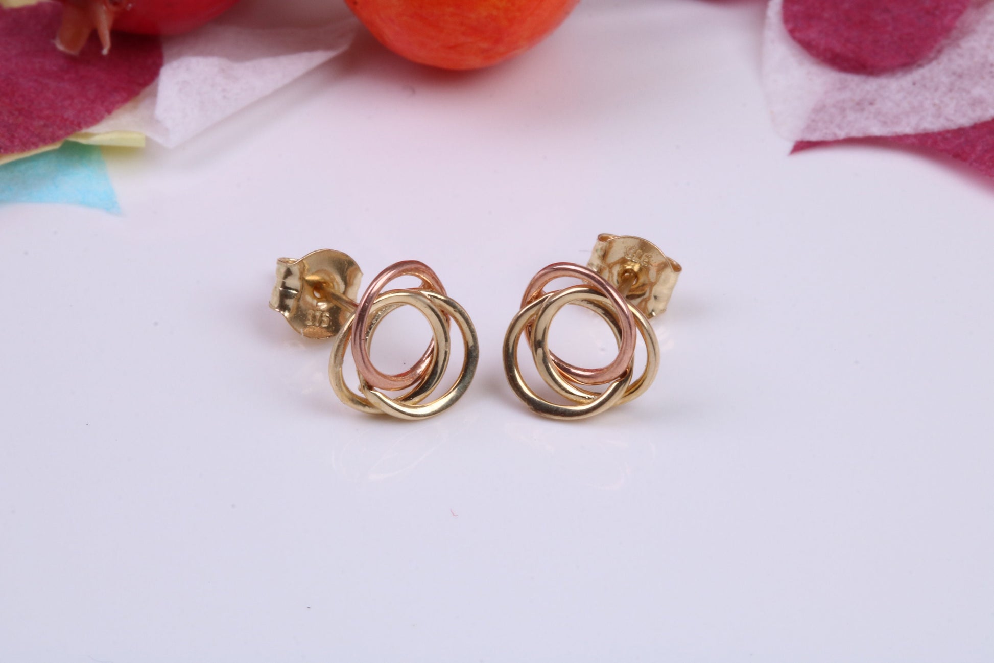 Three Tone Gold Stud Earrings Made from 9ct Yellow Gold