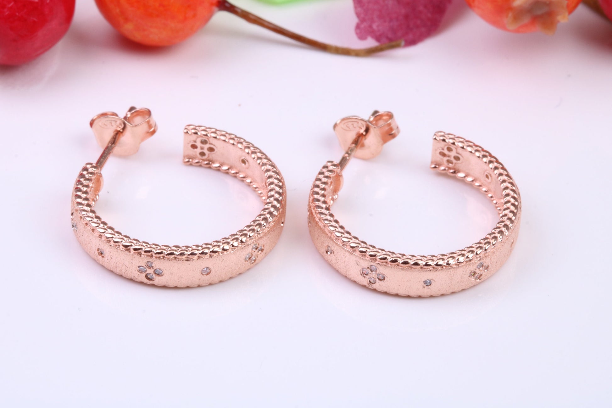 20 mm Round Creole Hoop Earrings Made from 925 Grade Sterling Silver, C Z set and Rose Gold Pated