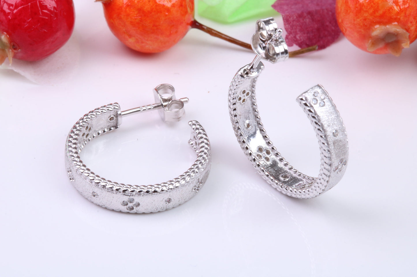 20 mm Round Creole Hoop Earrings Made from 925 Grade Sterling Silver, C Z set and White Gold Pated