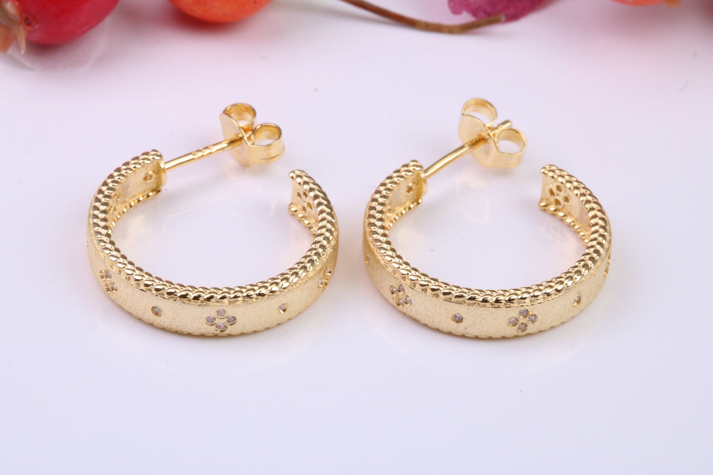 20 mm Round Creole Hoop Earrings Made from 925 Grade Sterling Silver, C Z set and Yellow Gold Pated