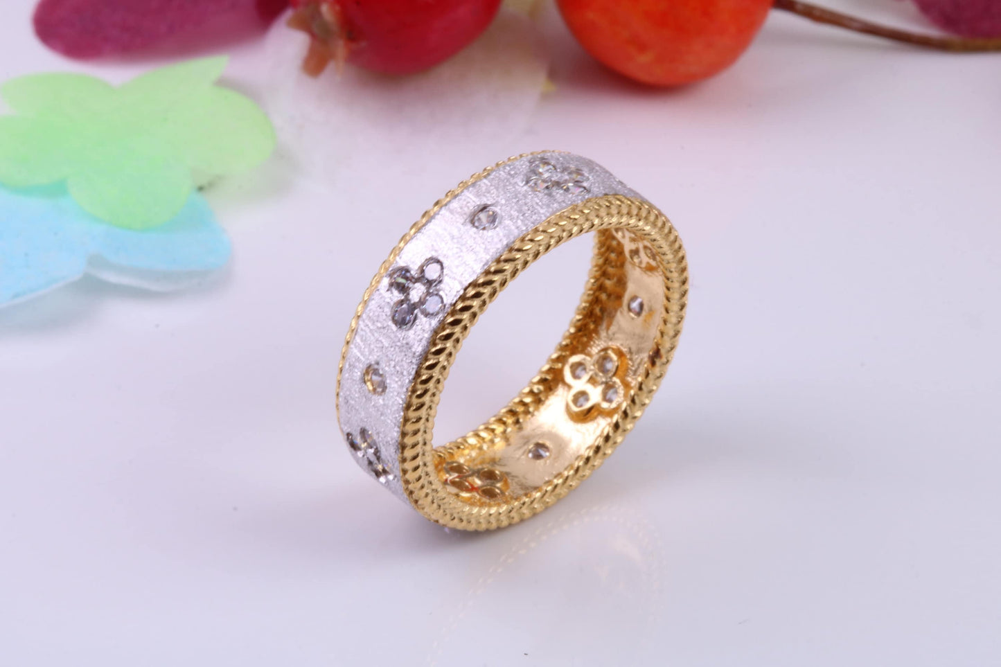 7 mm Wide Very Dressy Cubic Zirconia set Ring, Made from Solid Silver, 18ct Yellow Gold Plated