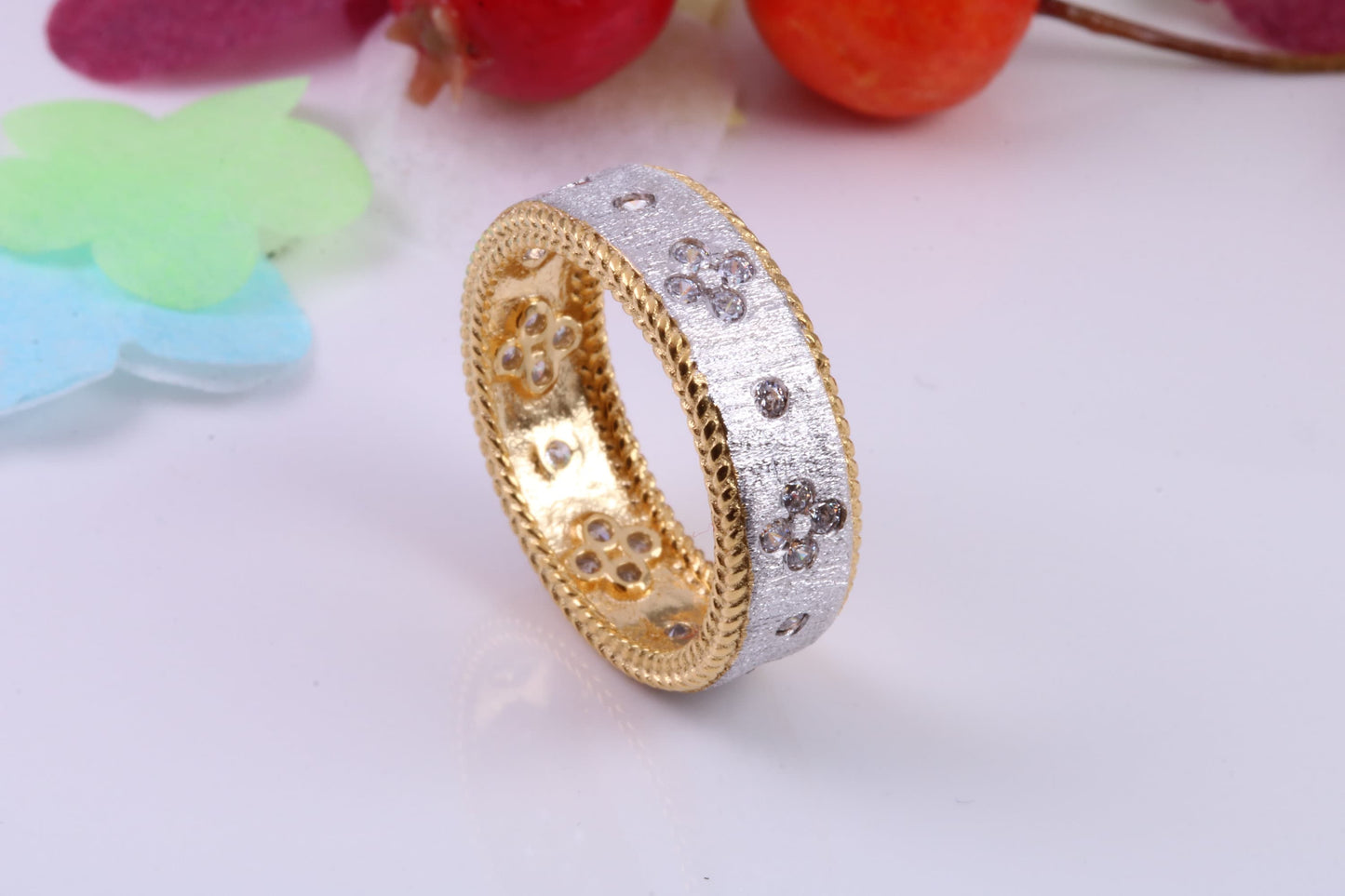 7 mm Wide Very Dressy Cubic Zirconia set Ring, Made from Solid Silver, 18ct Yellow Gold Plated