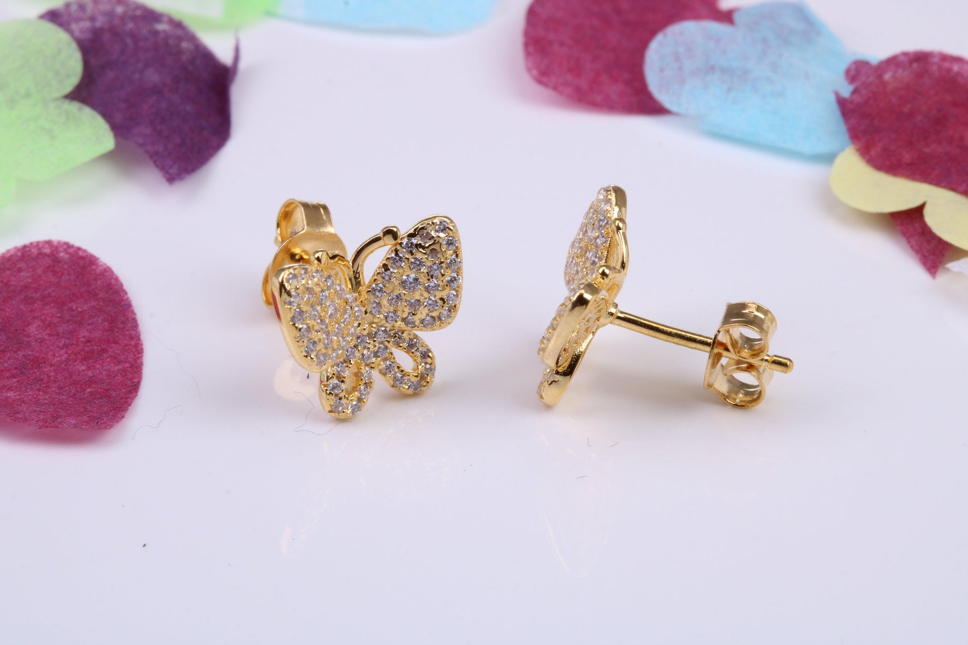 Butterfly Cubic Zirconia set Earrings, Very Dressy, Made from Solid 925 Grade Sterling Silver, Yellow Gold Plated