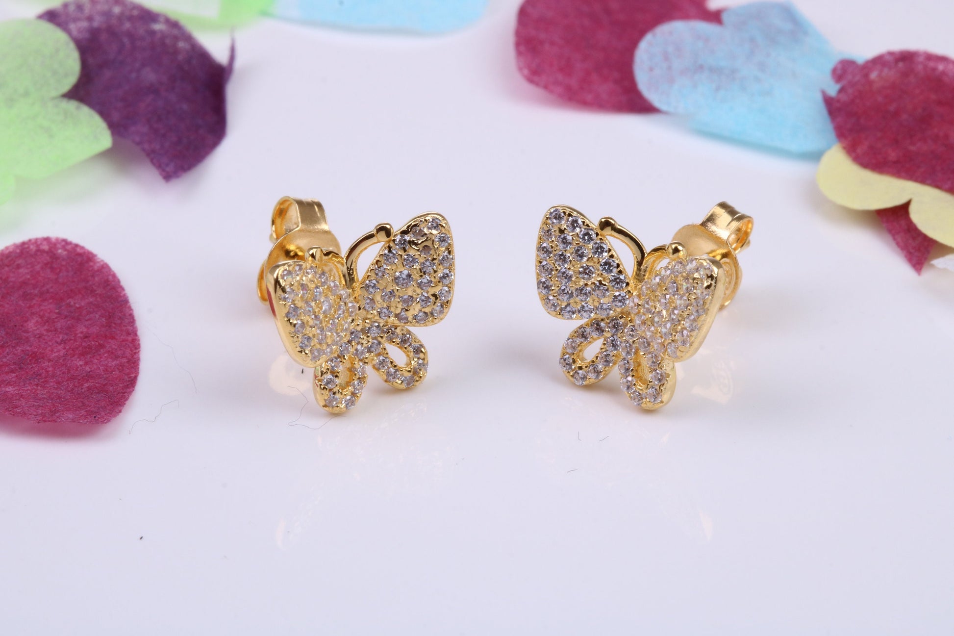 Butterfly Cubic Zirconia set Earrings, Very Dressy, Made from Solid 925 Grade Sterling Silver, Yellow Gold Plated