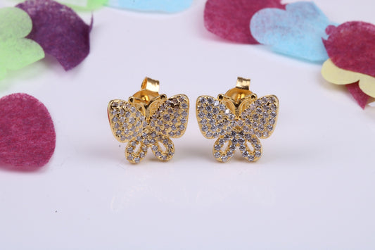 Butterfly Cubic Zirconia set Earrings, Very Dressy, Made from Solid 925 Grade Sterling Silver, Yellow Gold Plated