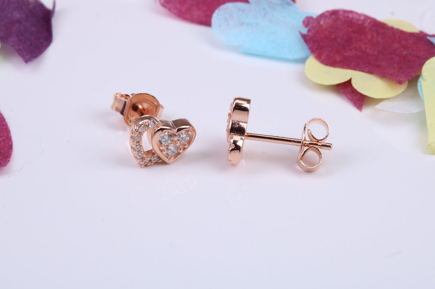 Double Love Heart Shaped Cubic Zirconia set Earrings, Very Dressy, Made from Solid 925 Grade Sterling Silver, Rose Gold Plated