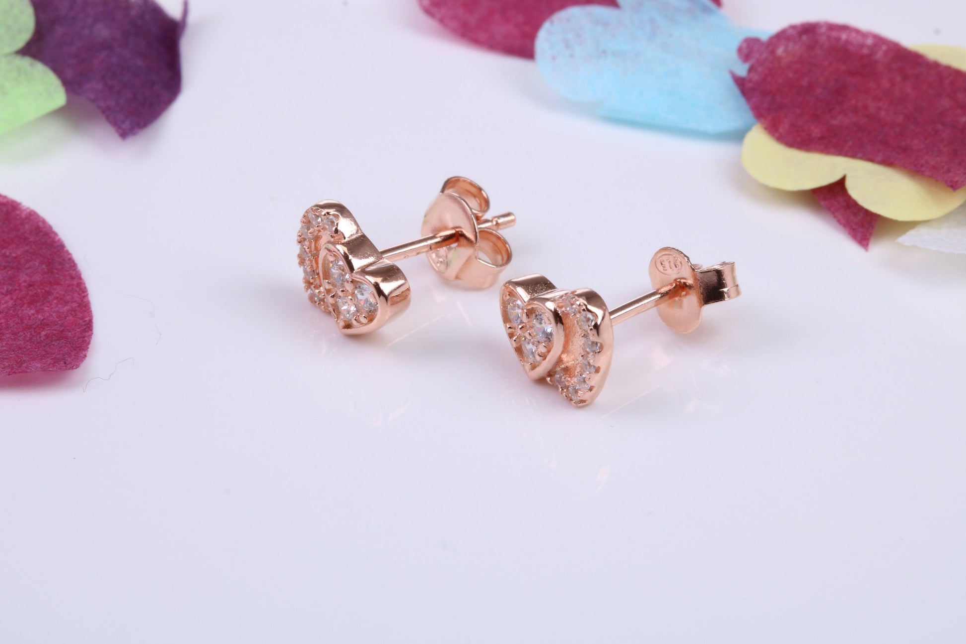 Double Love Heart Shaped Cubic Zirconia set Earrings, Very Dressy, Made from Solid 925 Grade Sterling Silver, Rose Gold Plated