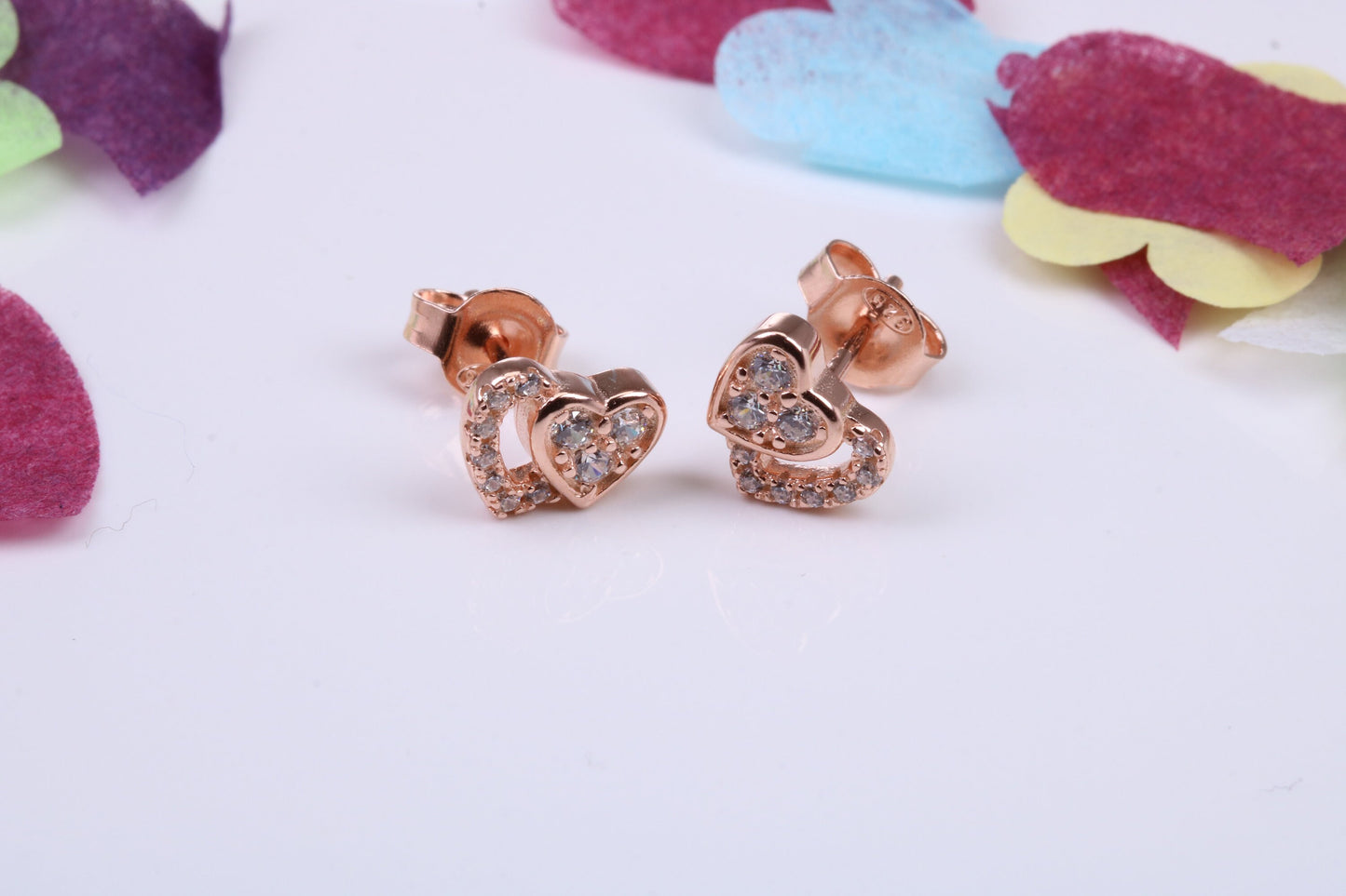 Double Love Heart Shaped Cubic Zirconia set Earrings, Very Dressy, Made from Solid 925 Grade Sterling Silver, Rose Gold Plated