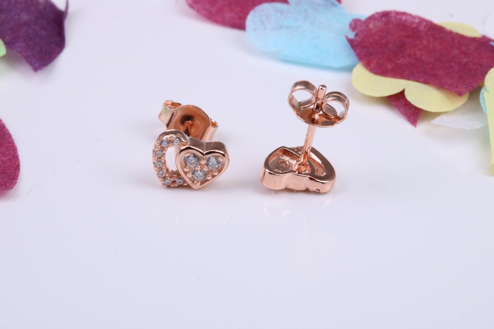 Double Love Heart Shaped Cubic Zirconia set Earrings, Very Dressy, Made from Solid 925 Grade Sterling Silver, Rose Gold Plated