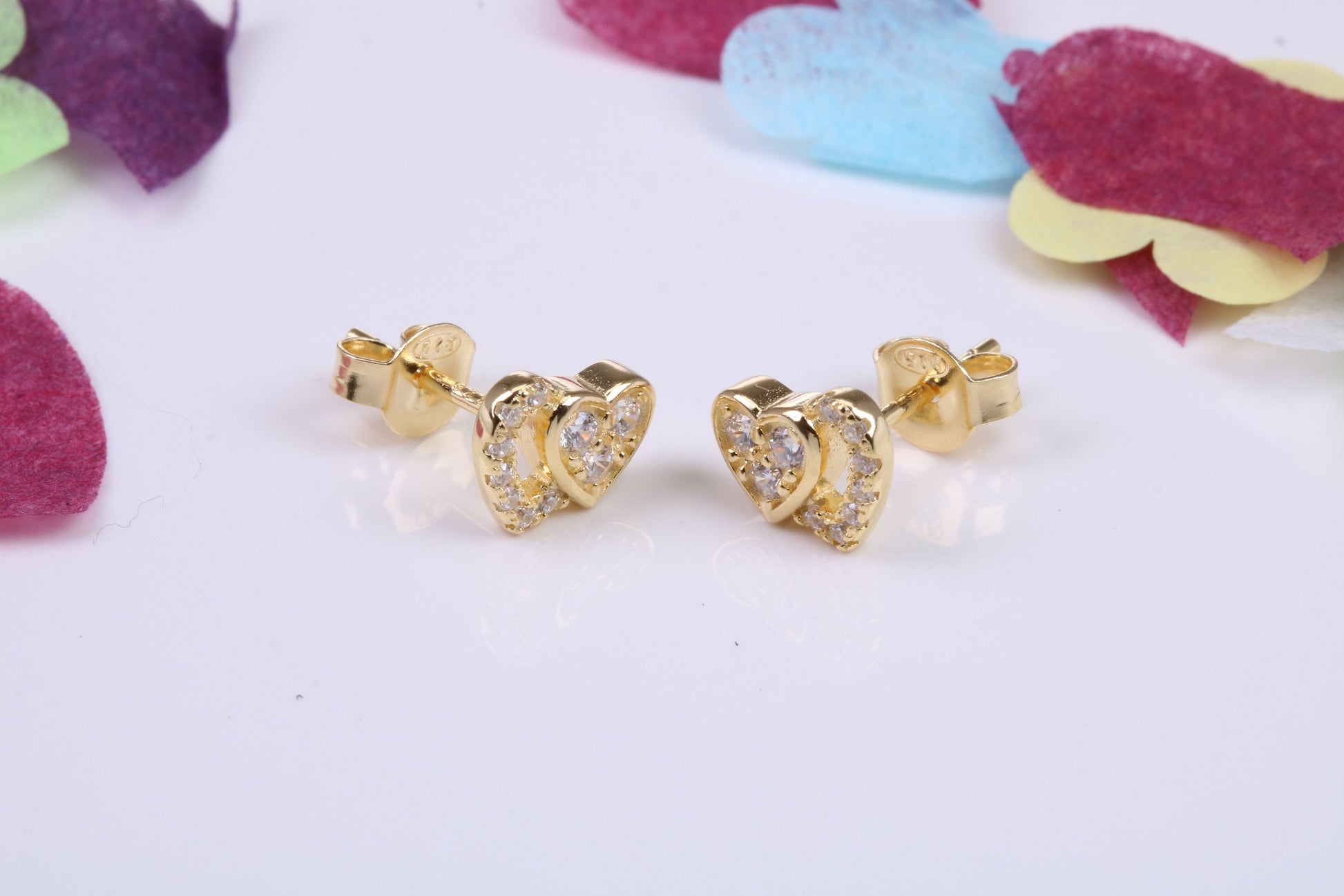 Double Love Heart Shaped Cubic Zirconia set Earrings, Very Dressy, Made from Solid 925 Grade Sterling Silver, Yellow Gold Plated