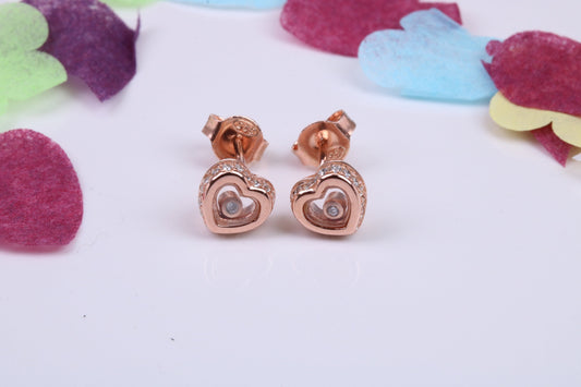 Love Heart Shaped Cubic Zirconia set Earrings, Very Dressy, Made from Solid 925 Grade Sterling Silver, Rose Gold Plated