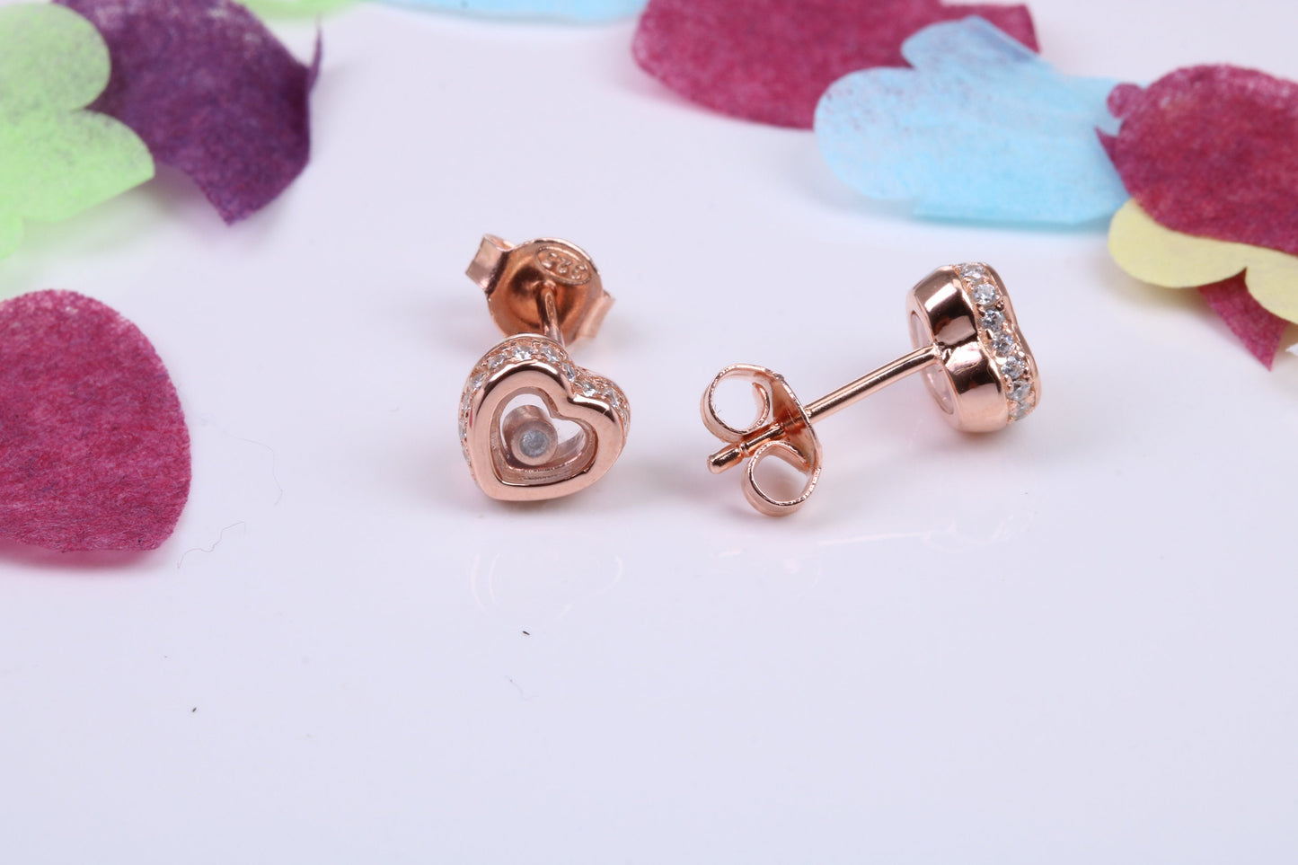 Love Heart Shaped Cubic Zirconia set Earrings, Very Dressy, Made from Solid 925 Grade Sterling Silver, Rose Gold Plated