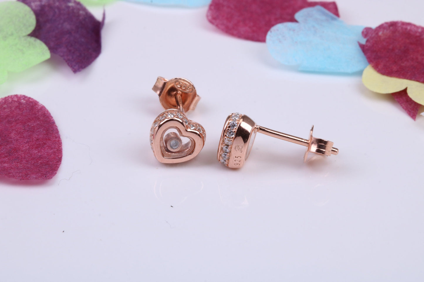 Love Heart Shaped Cubic Zirconia set Earrings, Very Dressy, Made from Solid 925 Grade Sterling Silver, Rose Gold Plated