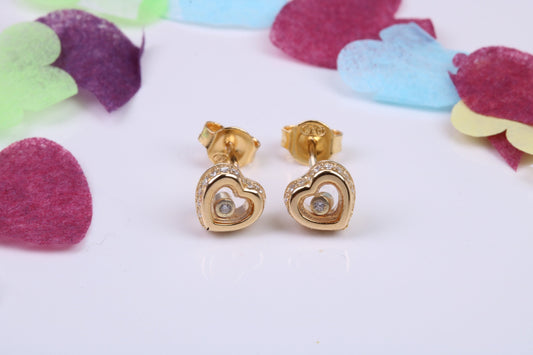 Love Heart Shaped Cubic Zirconia set Earrings, Very Dressy, Made from Solid 925 Grade Sterling Silver, Yellow Gold Plated