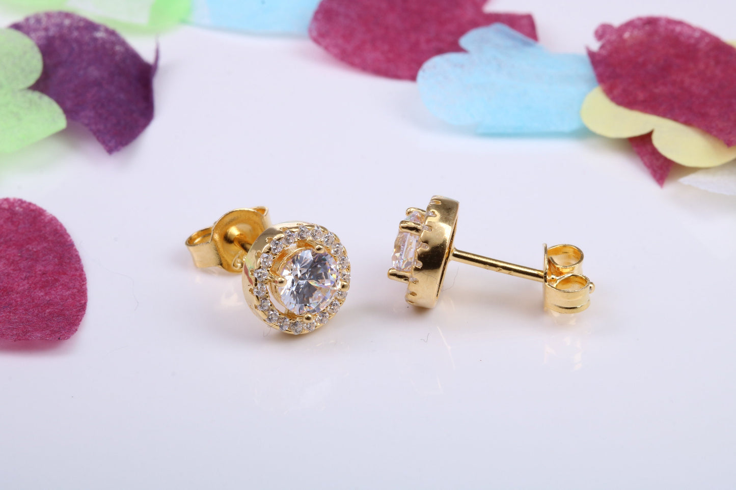 8 mm Round Cluster Cubic Zirconia set Earrings, Very Dressy, Made from Solid 925 Grade Sterling Silver, Yellow Gold Plated