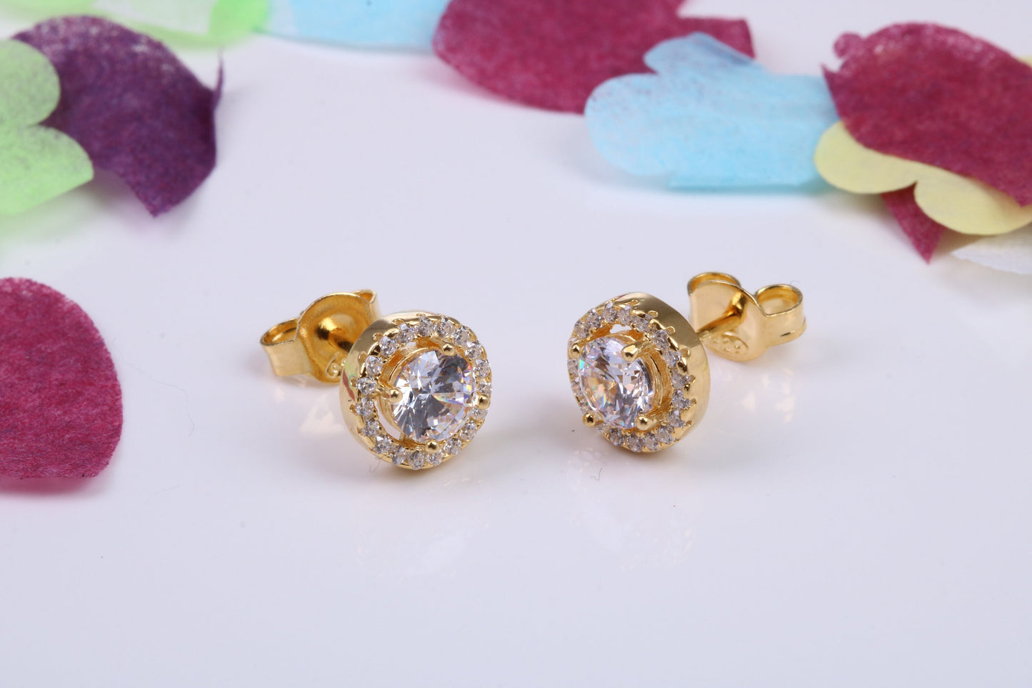 8 mm Round Cluster Cubic Zirconia set Earrings, Very Dressy, Made from Solid 925 Grade Sterling Silver, Yellow Gold Plated