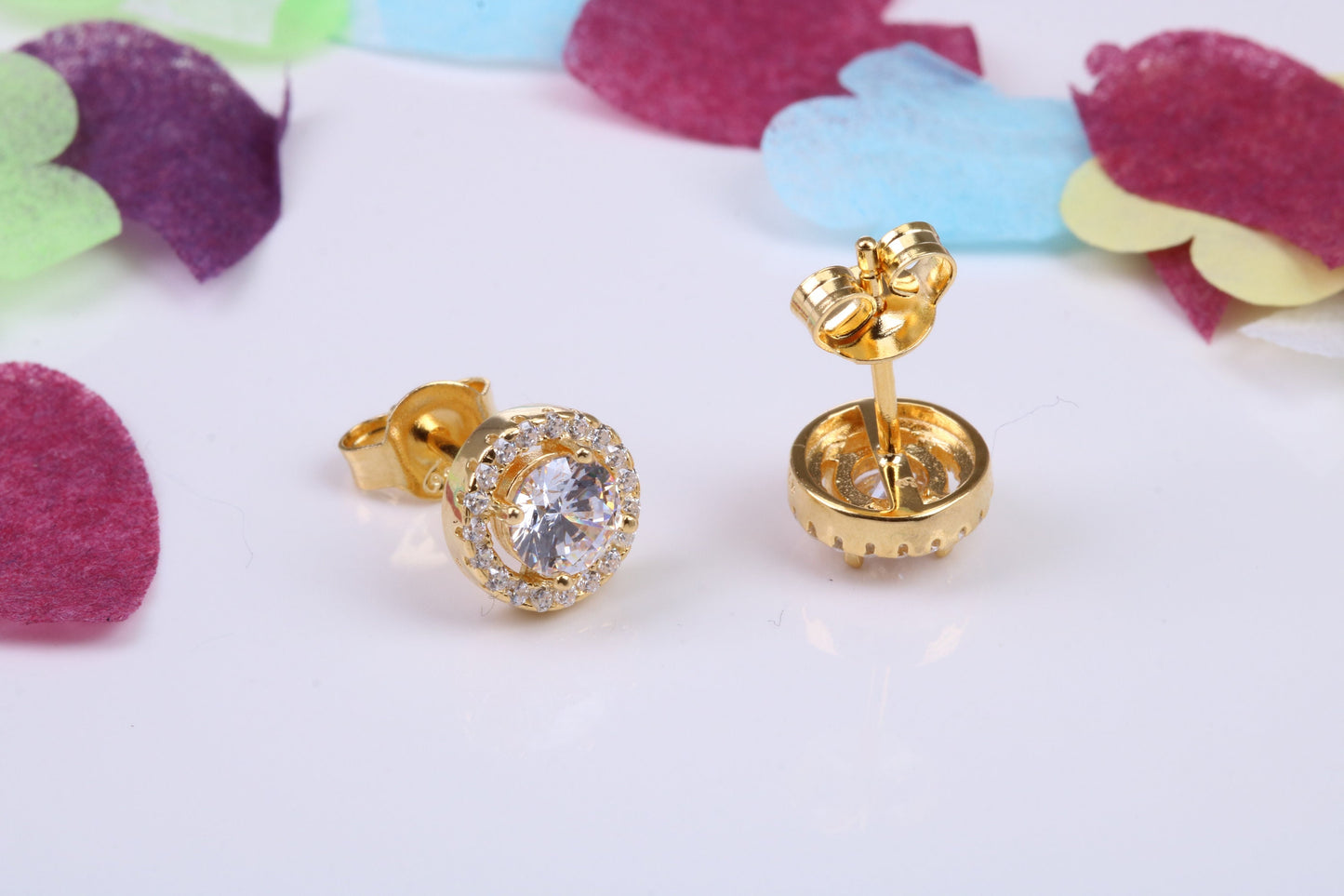 8 mm Round Cluster Cubic Zirconia set Earrings, Very Dressy, Made from Solid 925 Grade Sterling Silver, Yellow Gold Plated