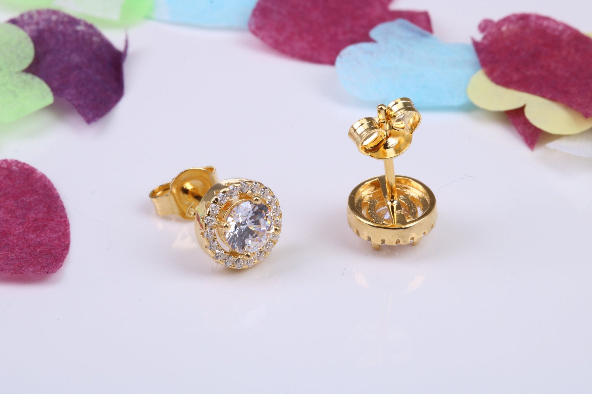 8 mm Round Cluster Cubic Zirconia set Earrings, Very Dressy, Made from Solid 925 Grade Sterling Silver, Yellow Gold Plated