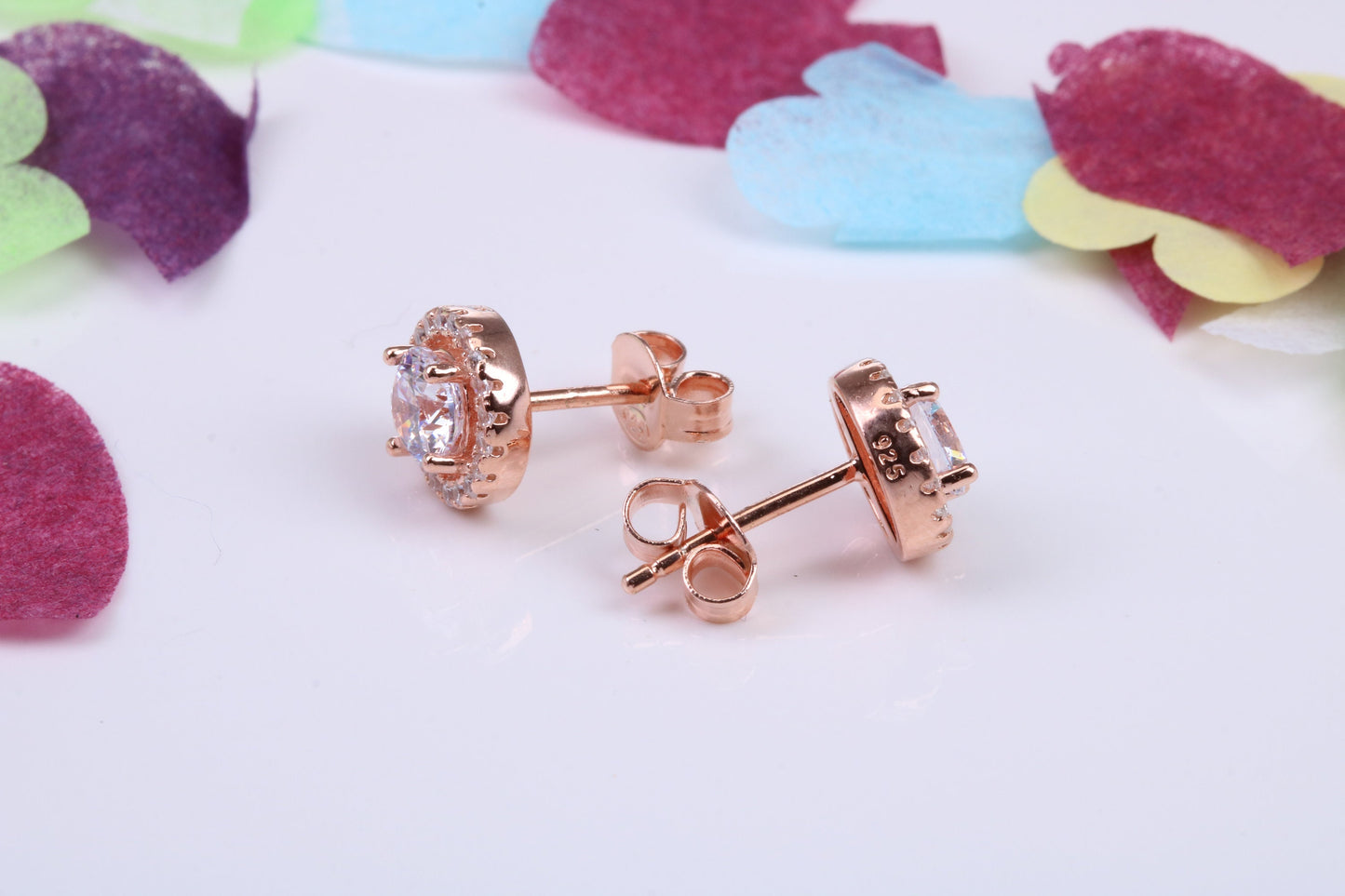 8 mm Round Cluster Cubic Zirconia set Earrings, Very Dressy, Made from Solid 925 Grade Sterling Silver, Rose Gold Plated