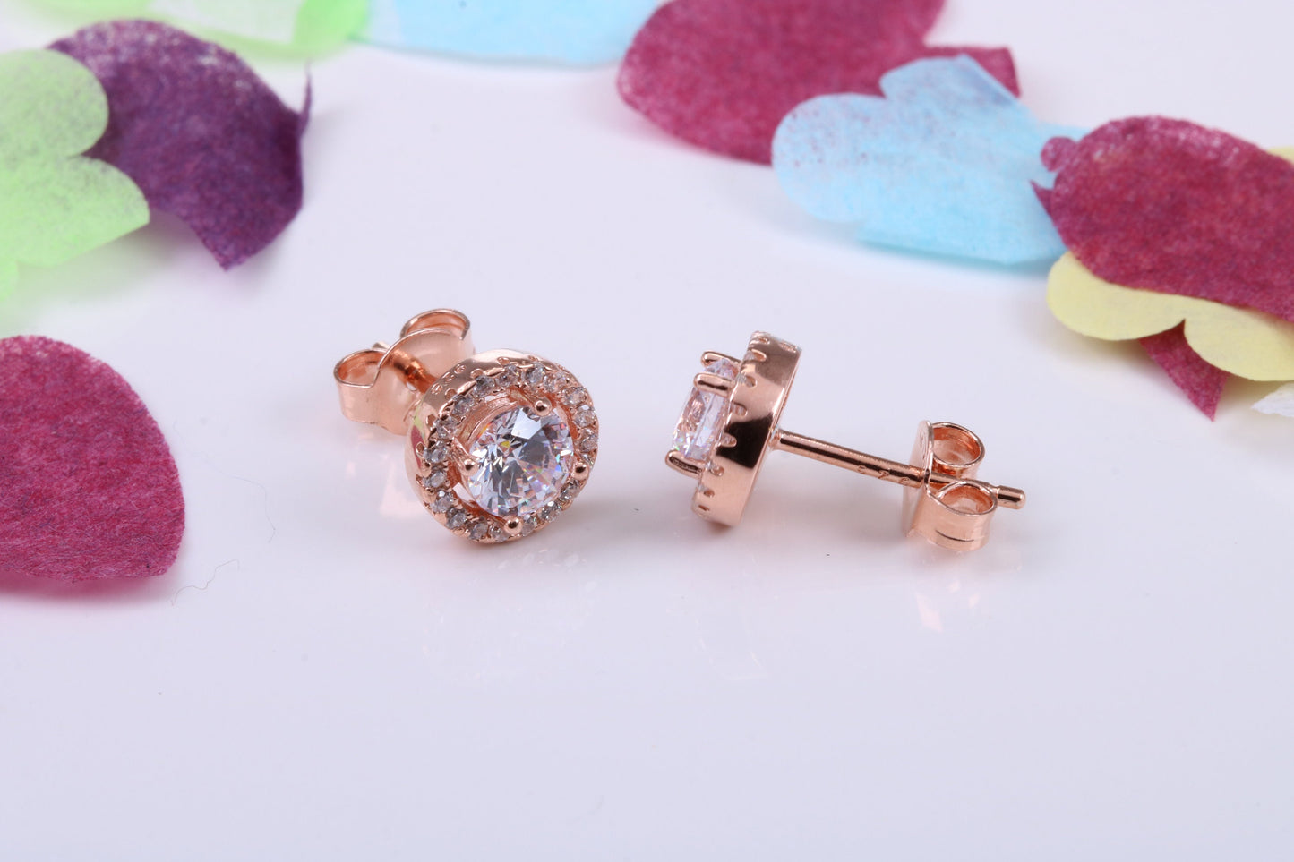 8 mm Round Cluster Cubic Zirconia set Earrings, Very Dressy, Made from Solid 925 Grade Sterling Silver, Rose Gold Plated