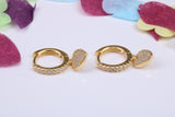 Love Hearts Dropper Hoop Earrings, Cubic Zirconia set, Made from Solid 925 Grade Sterling Silver. Yellow Gold Plated