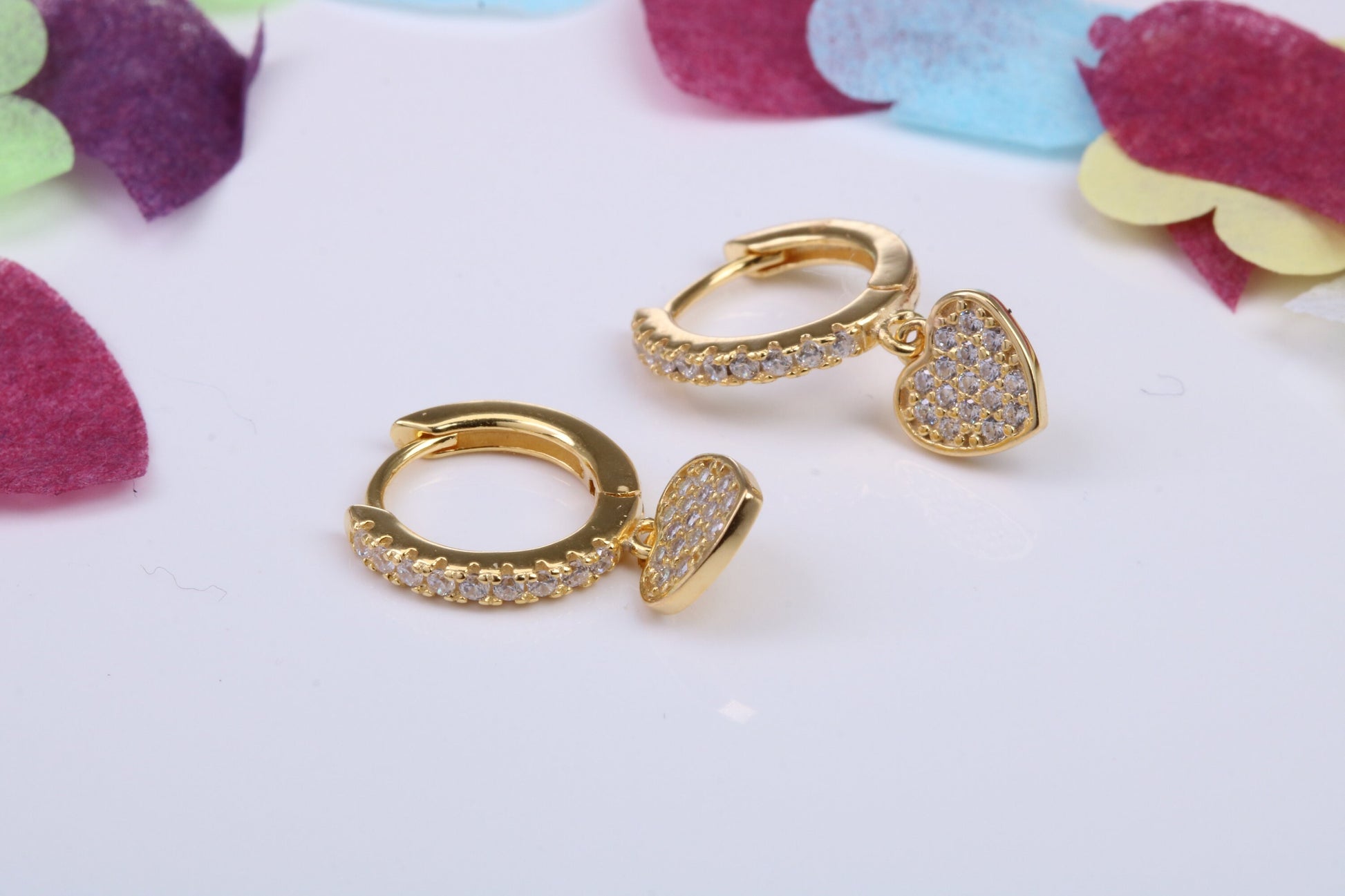 Love Hearts Dropper Hoop Earrings, Cubic Zirconia set, Made from Solid 925 Grade Sterling Silver. Yellow Gold Plated