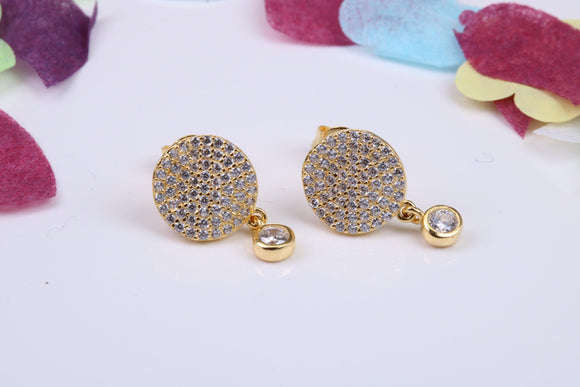 10 mm Round Dropper Stud Earrings, Cubic Zirconia set, Made from Solid 925 Grade Sterling Silver. Yellow Gold Plated