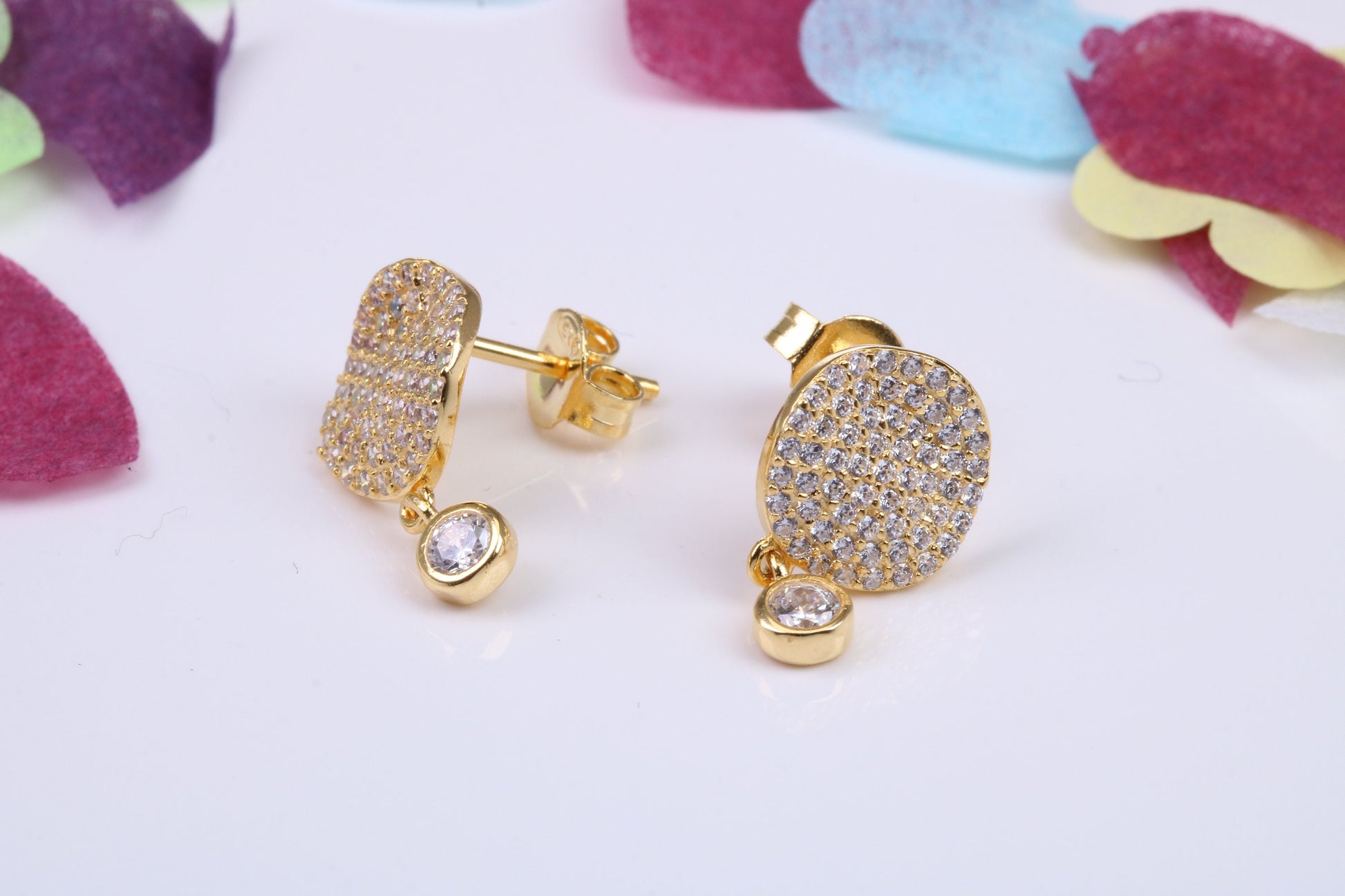 10 mm Round Dropper Stud Earrings, Cubic Zirconia set, Made from Solid 925 Grade Sterling Silver. Yellow Gold Plated