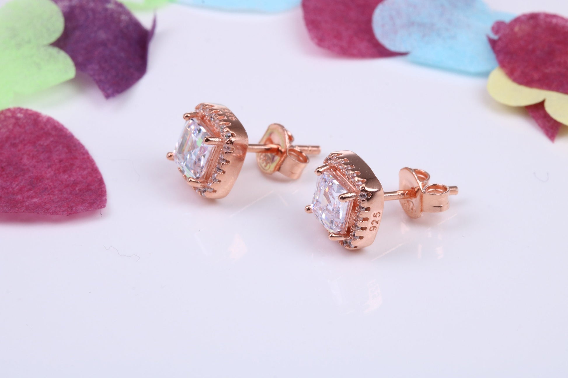 8 mm Square Cluster Cubic Zirconia set Earrings, Very Dressy, Made from Solid 925 Grade Sterling Silver, Rose Gold Plated