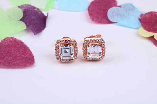 8 mm Square Cluster Cubic Zirconia set Earrings, Very Dressy, Made from Solid 925 Grade Sterling Silver, Rose Gold Plated