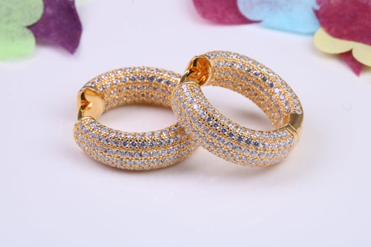 20 mm Round Chunky Hoop Earrings, Cubic Zirconia set, Made from Solid 925 Grade Sterling Silver. Yellow Gold Plated