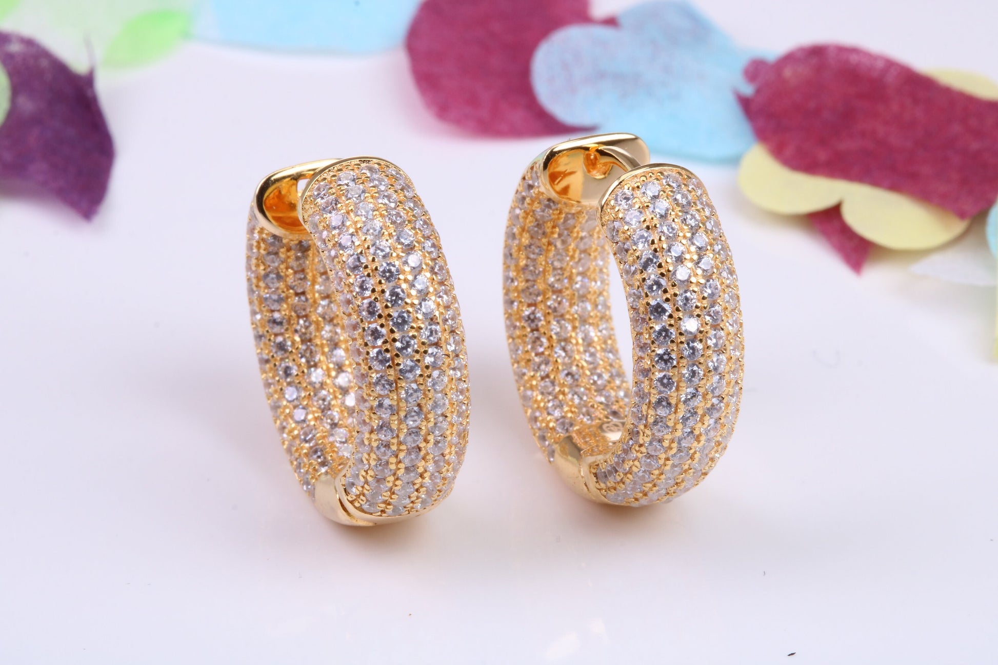 20 mm Round Chunky Hoop Earrings, Cubic Zirconia set, Made from Solid 925 Grade Sterling Silver. Yellow Gold Plated