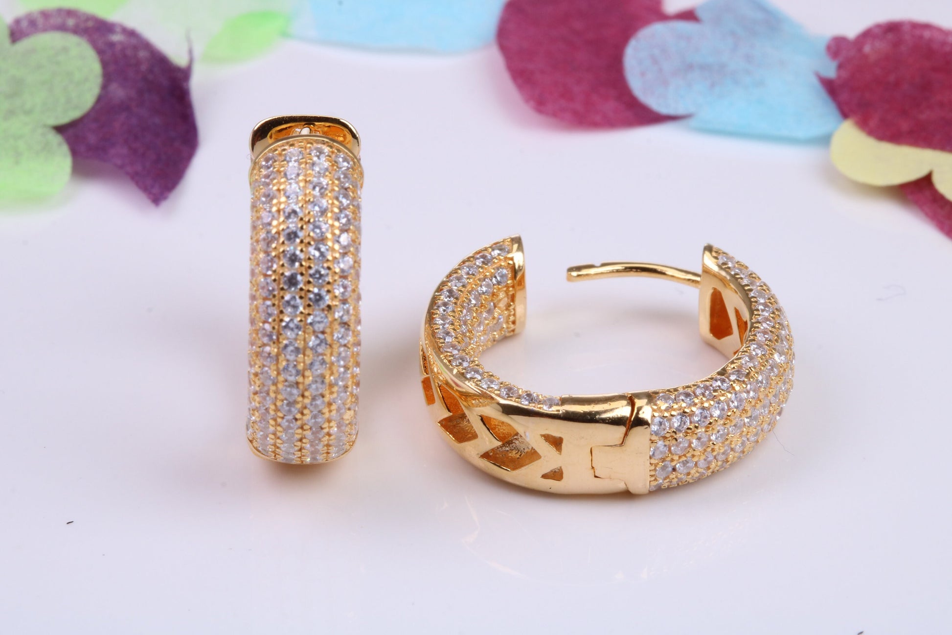 20 mm Round Chunky Hoop Earrings, Cubic Zirconia set, Made from Solid 925 Grade Sterling Silver. Yellow Gold Plated