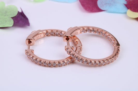 25 mm Round Hoop Cubic Zirconia set Earrings, Very Dressy, Made from Solid 925 Grade Sterling Silver, 18ct Rose Gold Plated