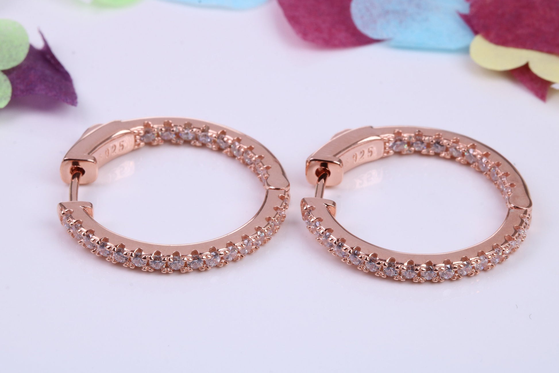 25 mm Round Hoop Cubic Zirconia set Earrings, Very Dressy, Made from Solid 925 Grade Sterling Silver, 18ct Rose Gold Plated