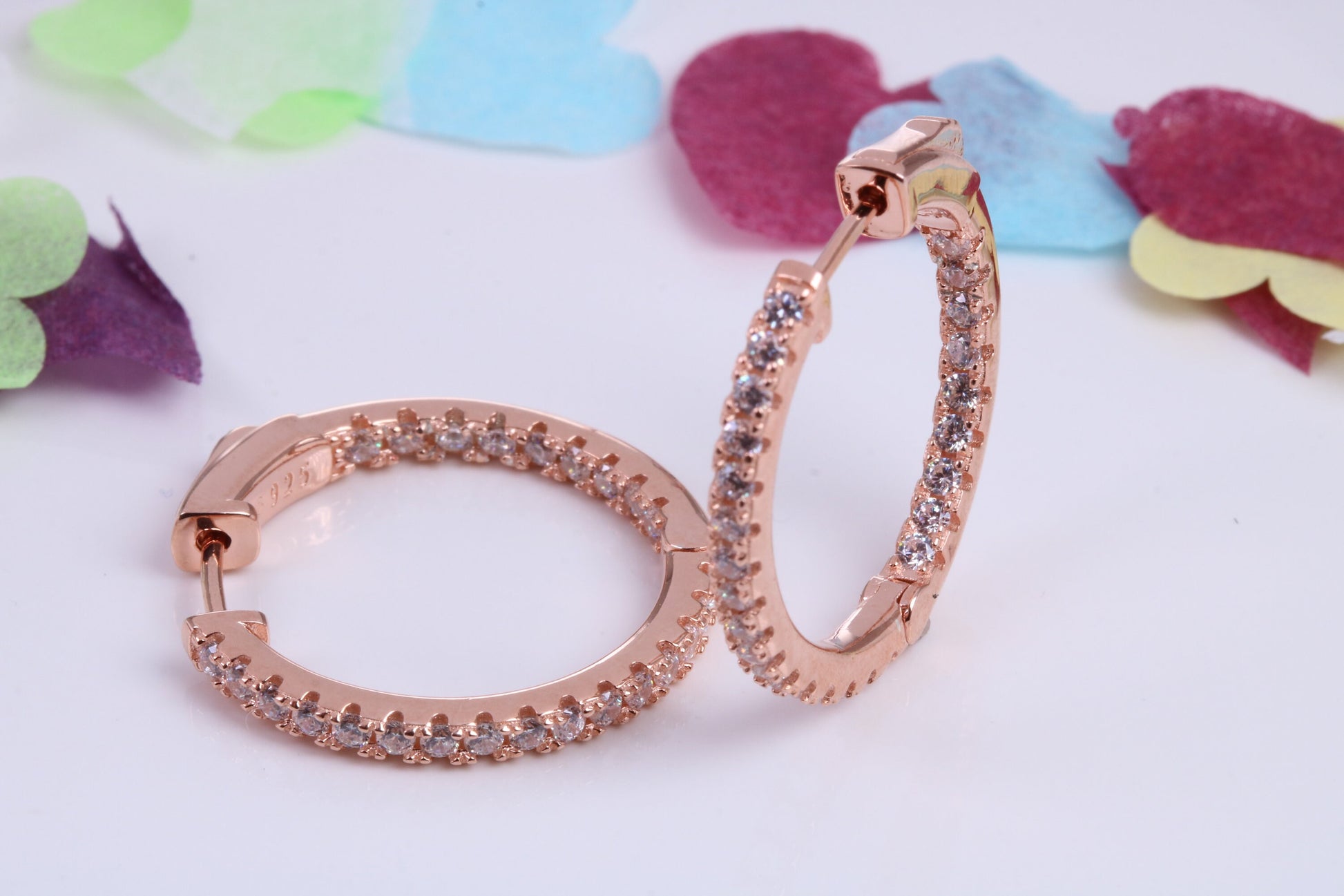 25 mm Round Hoop Cubic Zirconia set Earrings, Very Dressy, Made from Solid 925 Grade Sterling Silver, 18ct Rose Gold Plated