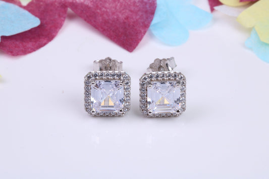 8 mm Square Cluster Cubic Zirconia set Earrings, Very Dressy, Made from Solid 925 Grade Sterling Silver