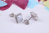 8 mm Square Cluster Cubic Zirconia set Earrings, Very Dressy, Made from Solid 925 Grade Sterling Silver