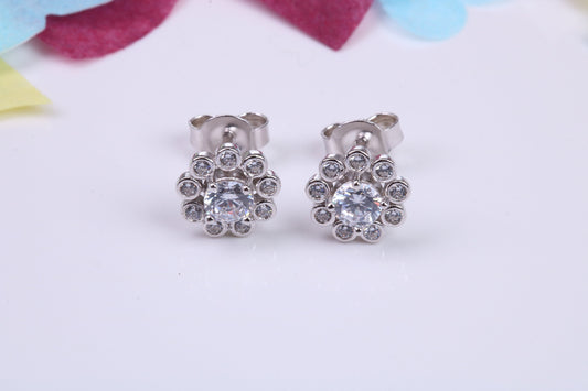 8 mm Round Flower Cluster Cubic Zirconia set Earrings, Very Dressy, Made from Solid 925 Grade Sterling Silver