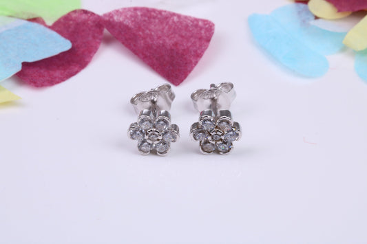 8 mm Round Daisy Flower Cluster Cubic Zirconia set Earrings, Very Dressy, Made from Solid 925 Grade Sterling Silver